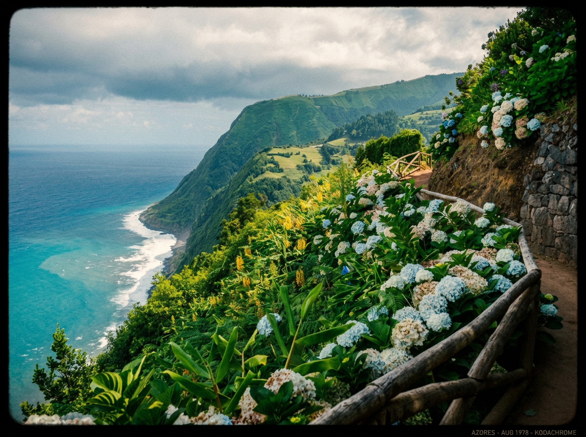 Hydrangea-lined cliff paths along the green northeast coast.