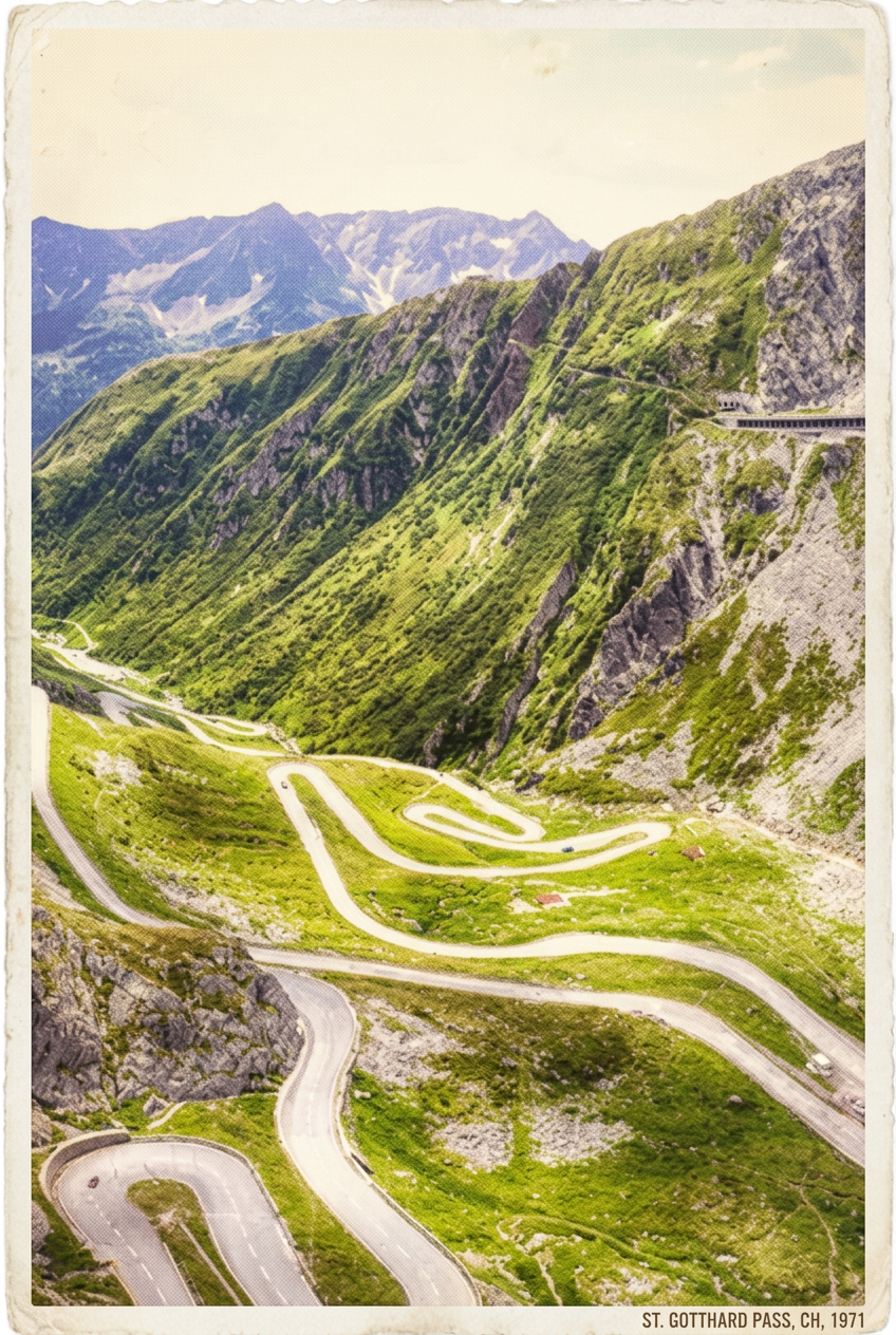 Day two — hairpin bends near the Oberalp Pass.