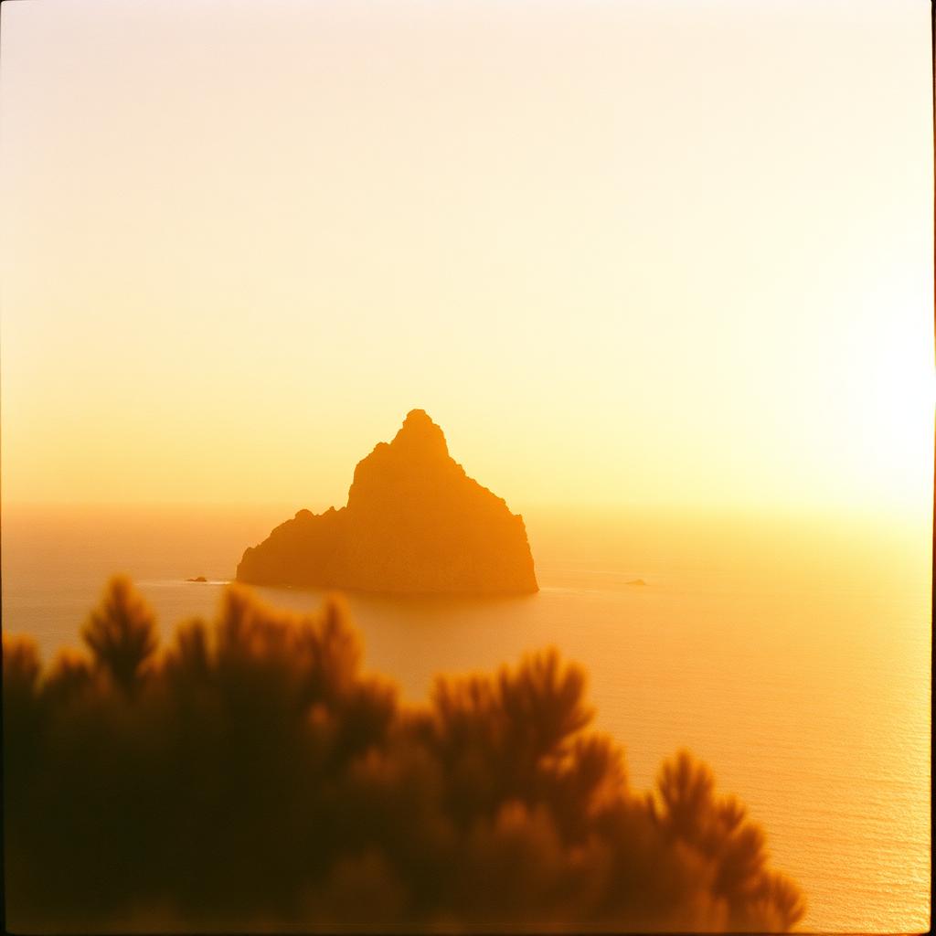 Day three — Es Vedrà rising out of the sea at sunset.