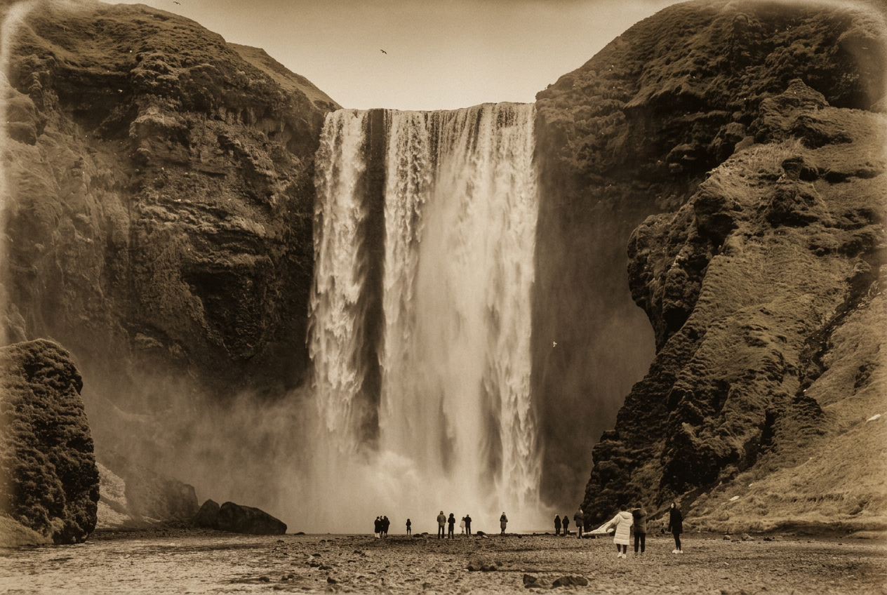 Day three — Skógafoss on the south coast, scale set by the people below.