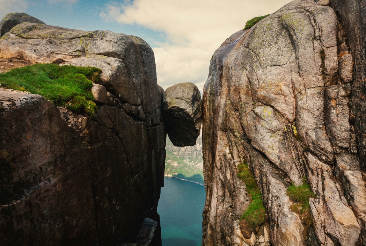 Kjeragbolten — the legendary boulder wedged above Lysefjord.