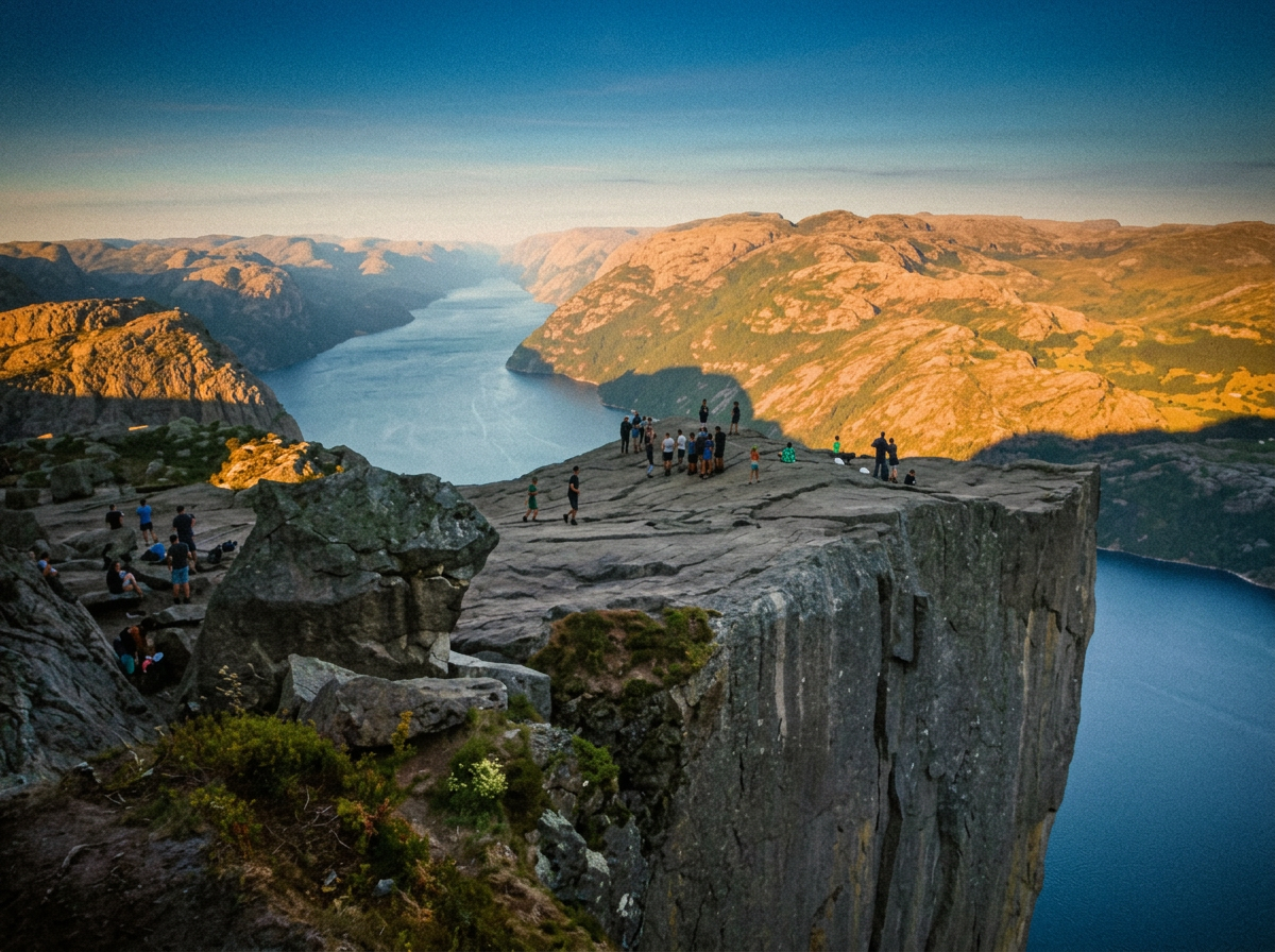 Day two — Preikestolen at sunrise, 604 m above the fjord.