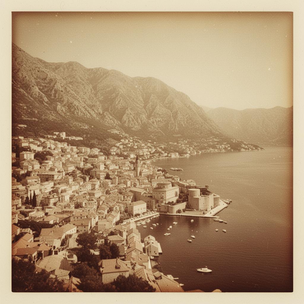 Day one — the Bay of Kotor in sepia light.