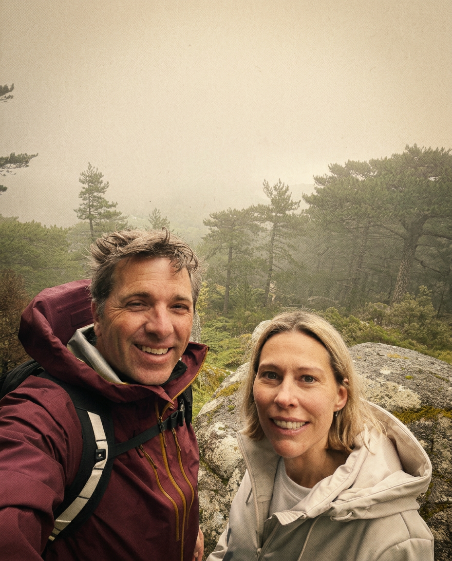 Geert & An on a misty mountain hike