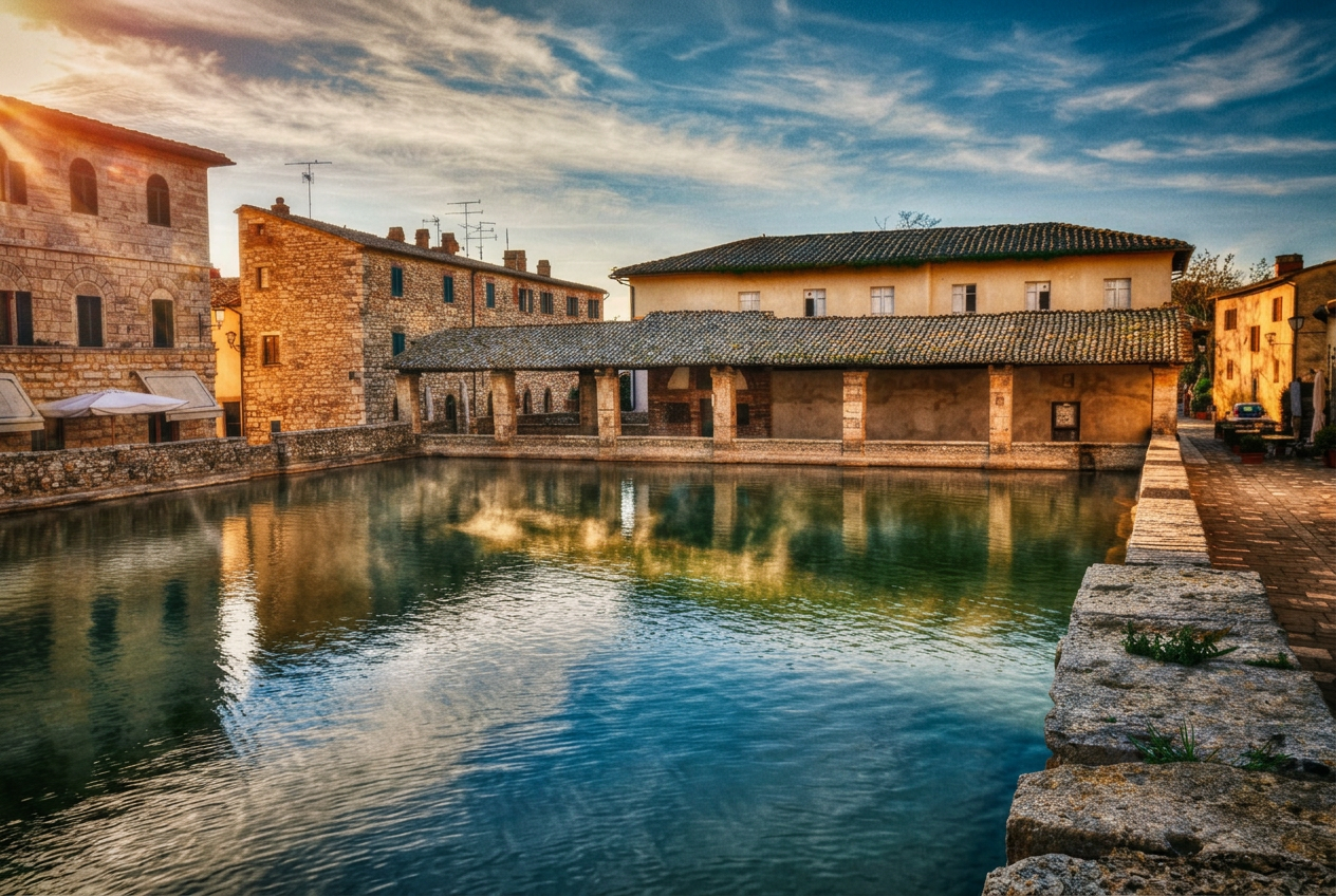 Day three — the thermal pools of Bagno Vignoni at dusk.